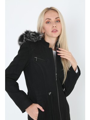 Kmk Kadın Kaşmir Kaşe Kapşonlu Kaban Mont Kürk Detaylı Modern Stil
