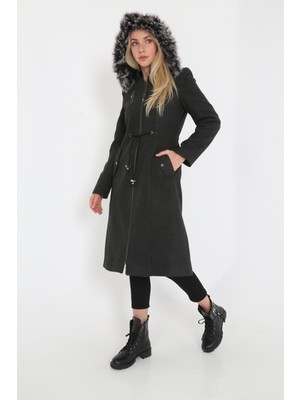 Kmk Kadın Kaşmir Kaşe Kapşonlu Kürklü Kaban Mont