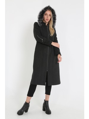 Kmk Kadın Kaşmir Kaşe Kapşonlu Kürklü Kaban Mont