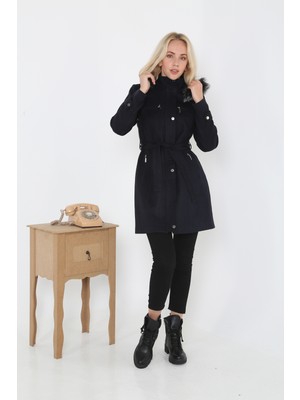 Kmk Kadın Kısa Kaşmir Kaşe Kapşonlu Kürklü Kaban Mont