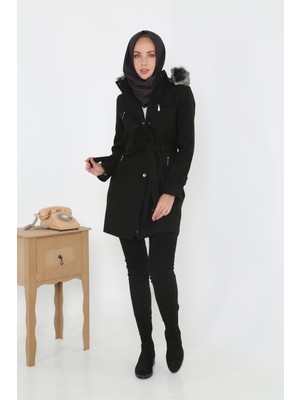 Kmk Kadın Kısa Kaşmir Kaşe Kapşonlu Kürklü Kaban Mont