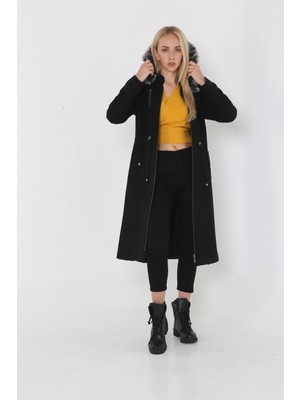 Kmk Kadın Kaşmir Kaşe Kapşonlu Kürklü Kaban Mont