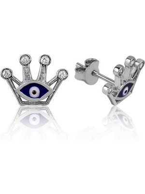 Gumush Gümüş Nazarlı Kraliçe Tacı Çivili Küpe