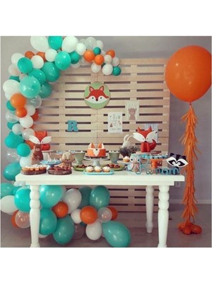 Bal10 Dünyası Tilki Temalı Mint Yeşili Beyaz Turuncu Metalik Balon ve Zincir 100 Adet