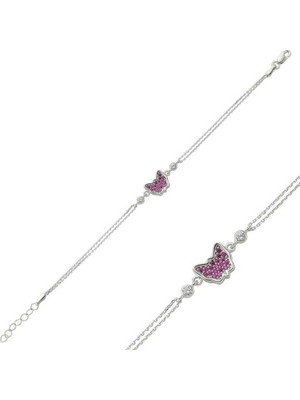 Gumush Gümüş Pembe Kelebek Bayan Bileklik