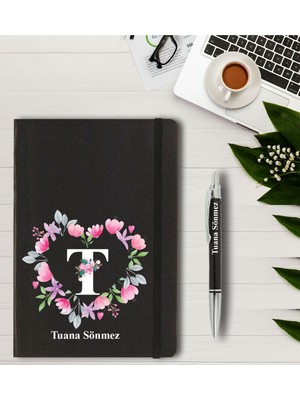 Promosyon Denizi Kişiye Özel Kalp Desen Baskılı Tarihsiz Ajanda + Kalem Siyah