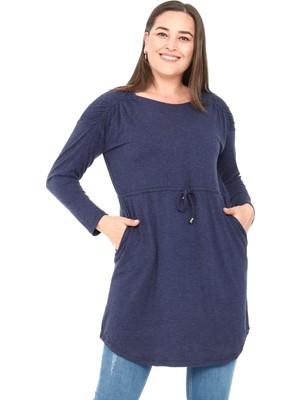 Disentis Modest Büyük Beden Yuvarlak Yaka Detaylı Cepli Beli Ipli Yün Viskon Lacivert Tunik Elbise