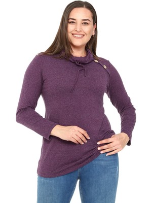 Disentis Modest Büyük Beden Ipli Degaje Yaka Omuzda Düğme Detaylı Yün Viskon Mürdüm Bluz