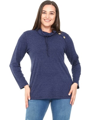 Disentis Modest Büyük Beden Ipli Degaje Yaka Omuzda Düğme Detaylı Yün Viskon Lacivert Bluz