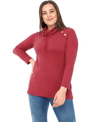 Disentis Modest Büyük Beden Ipli Degaje Yaka Omuzda Düğme Detaylı Yün Viskon Bordo Bluz