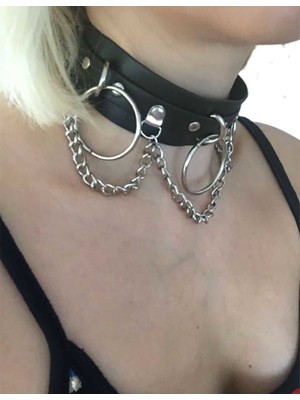 Metal Giyim Halka Zincir Detaylı Deri Chocker