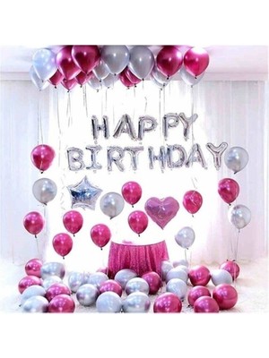Bal10 Dünyası Fuşya Gümüş Kalp ve Yıldız Folyolu Happy Birthday Balon Doğum Günü Balonu Kombin Seti