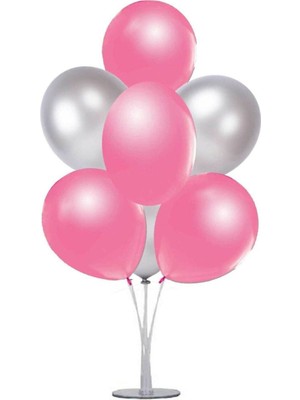 Bal10 Dünyası Balon Standı ve 7 Adet  Metalik Pembe-Gümüş Balon Seti