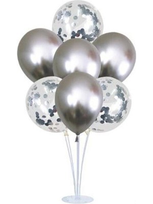 Bal10 Dünyası Krom Gümüş Konfetili Ayaklı Balon Standı Seti