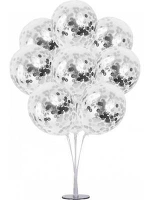 Bal10 Dünyası 7'li Şeffaf Ayaklı Balon Standı - Gümüş Konfetili Şeffaf Balonlu