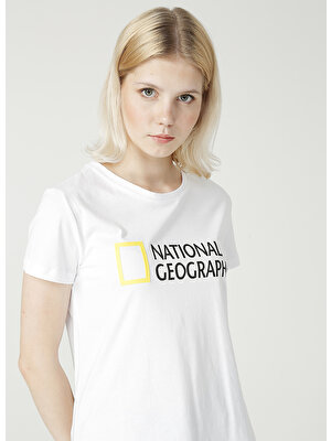 National Geographic W-Superior BisikletYaka Standart Kalıp Baskılı Beyaz Kadın T-Shirt