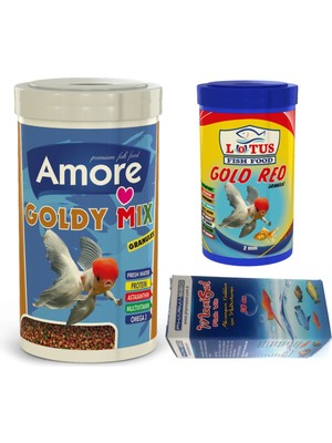 Amore Goldy Mix Granules 1000ML + Lotus Gold Red 250ML Japon Balık Yemi + Fishvit Vitamin