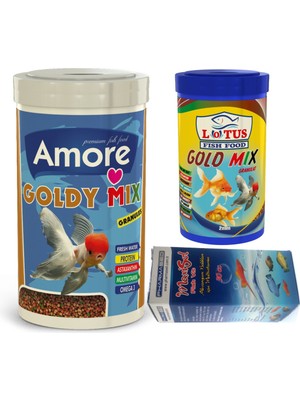 Amore Goldy Mix Granules 1000ML + Lotus Gold Mix 250ML Japon Balık Yemi + Fishvit Vitamin