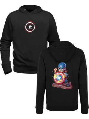 Alfa Tshirt Captain America Baskılı Siyah Ön Arka Baskılı Sweatshirt