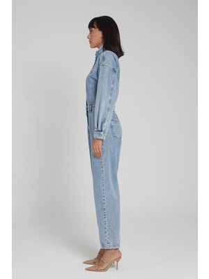 Cross Jeans Kadın Açık Mavi Uzun Kollu Çıtçıt Kapamalı Jean Tulum C 4535-008