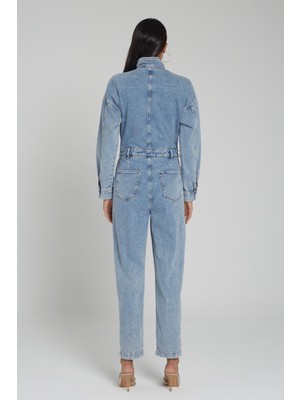 Cross Jeans Kadın Açık Mavi Uzun Kollu Çıtçıt Kapamalı Jean Tulum C 4535-008