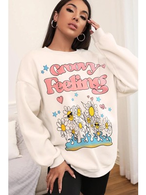 Millionaire Kadın Ekru Groovy Feeling Oversize Sweatshirt