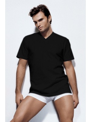 Çift Kaplan Erkek Süprem V Yaka Siyah T-Shirt 0945