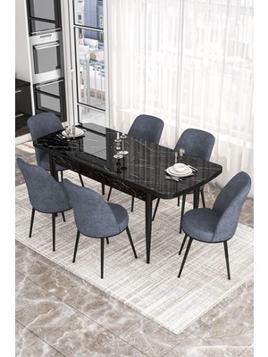 Canisa Concept Kor Serisi 70X114 Açılabilir Siyah Mermer Mutfak Masa Takımı