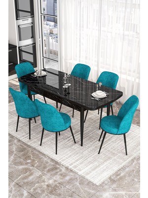 Canisa Concept Kor Serisi 70X114 Açılabilir Siyah Mermer Mutfak Masa Takımı