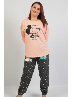 Vienetta Büyük Beden Düşük Omuzlu Uzun Kol Pijama Takım
