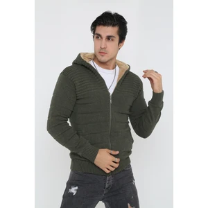 Erkek Haki Içi Kürklü Kapsonlu Triko Örme Hırka