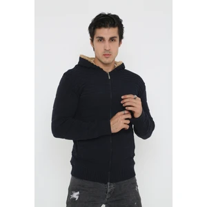 Erkek Lacivert Içi Kürklü Kapsonlu Triko Örme Hırka