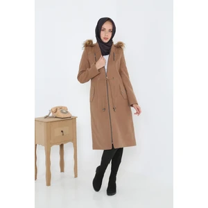 Kadın Kaşmir Kaşe Kapşonlu Kürklü Kaban Mont