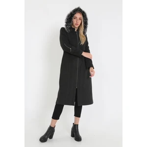 Kadın Kaşmir Kaşe Kapşonlu Kürklü Kaban Mont