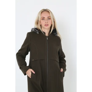 Kadın Kaşmir Kaşe Kapşonlu Kürklü Kaban Mont