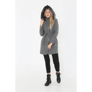 Kadın Kısa Kaşmir Kaşe Kapşonlu Kürklü Kaban Mont