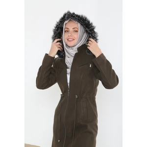 Kadın Kaşmir Kaşe Kapşonlu Kürklü Kaban Mont