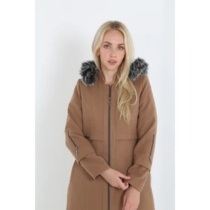 Kadın Kaşmir Kaşe Kapşonlu Kürklü Kaban Mont