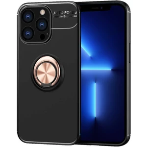 Case World Apple iPhone 13 Pro Max Kılıf Renkli Yüzüklü Manyetik Silikon Kapak Siyah - Rose Gold