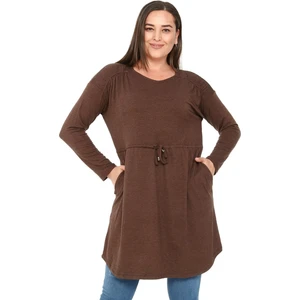 Disentis Modest Büyük Beden Yuvarlak Yaka Detaylı Cepli Beli Ipli Yün Viskon Kahverengi Tunik Elbise