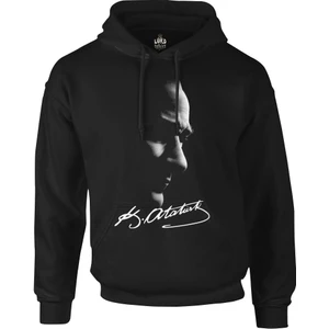 Lord T-Shirt Atatürk - Atatürk Imza Siyah Erkek Fermuarsız Kapşonlu