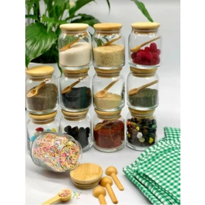 12'li Bambu Kapaklı Vakumlu Cam 300 ml Baharatlık ve 12 Adet Mini Baharat Kaşığoı