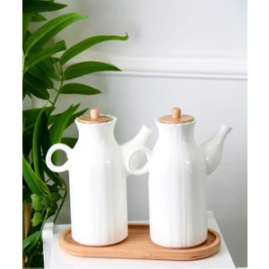 Kitchen Pembelia Ahşap Standlı 2 Adet Porselen Yağdanlık(3'lu Yağlık Sirkelik Set)
