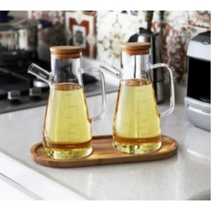 2'li 900 ml Borosilikat Cam Yağdanlık ve Bambu Altlık-3'lü Yağdanlık Set