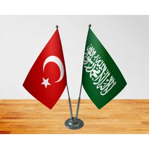 Masa Üstü Yeşil Kelimei Tevhid Bayrağı + Türk Bayrağı Ikili Krom Direk