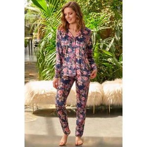 Kadife Çiçek Baskılı Uzun Kol Gömlek ve Pantolon Pijama Takım (9729)