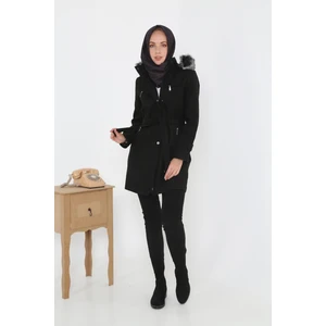 Kadın Kısa Kaşmir Kaşe Kapşonlu Kürklü Kaban Mont