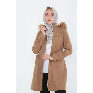 Kadın Kısa Kaşmir Kaşe Kapşonlu Kürklü Kaban Mont