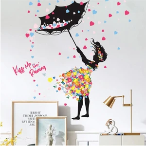 Sheker Home Şemsiyeli Kız Kalpli Renkli Duvar Sticker Seti