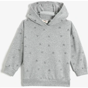 Simli Kalp Baskılı Kapüşonlu Sweatshirt Pamuklu